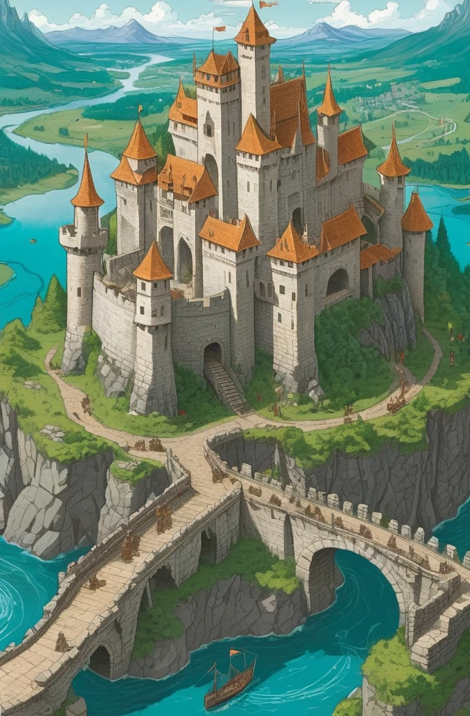 (((map of the fantastic continent with isometric view in section of the medieval castle, Cross-sectional view, labeled pieces, Detailed technical drawing, with fantastic creatures ))) stone walls with windows, fortified towers with wooden parts, mechanical bascule bridge, road to the castle, giant wooden gate, walls around the castle with crossbows, town around the castle (windows with detail, towers with detail, detailed bridge, ((giant castle)) vegetation, all one color, ((Dragon)) big map