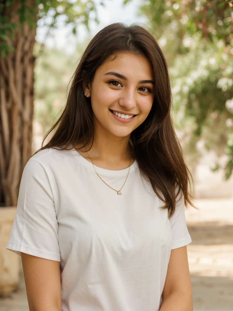 20YO, one women, cute smile, white teethes, white Jordanian, long burnt orange shirt, light brown eyes