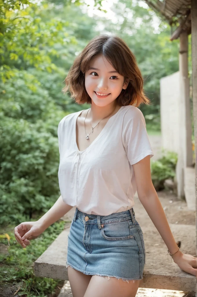 Under the eaves of a building, college freshman, ((full body)), ((photo)), ((best qualtiy, 8K, tmasterpiece:1.3)), Focus:1.2, perfect figure beautiful girl:1.4, 1girl, cowboy shot, look at viewer, incredibly absurd, beautiful and cute girl with a photorealistic face, showcasing top-quality craftsmanship, Japanese girl taking shelter from the rain under the eaves, , short hair, wavy and shiny hair, crimson hair, big eyes, long eyelashes, smiling face, white teeth, round face, small nose, smooth skin, fair skin, slim, 155cm tall, thin limbs, red lips, pink cheeks, lively expression, , delicate, well-balanced proportions, slim, 155cm tall, thin limbs, small A-cup breasts, white blouse, denim miniskirt, loafers, silver necklace, bracelet, beautiful girl, younger sister attribute, active, sociable, cheerful, optimistic, brave, curious, September