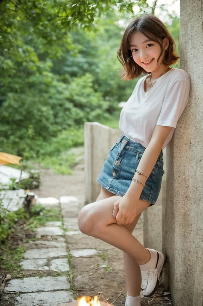 Under the eaves of a building, college freshman, ((full body)), ((photo)), ((best qualtiy, 8K, tmasterpiece:1.3)), Focus:1.2, perfect figure beautiful girl:1.4, 1girl, cowboy shot, look at viewer, incredibly absurd, beautiful and cute girl with a photorealistic face, showcasing top-quality craftsmanship, Japanese girl taking shelter from the rain under the eaves, 16 years old, short hair, wavy and shiny hair, crimson hair, big eyes, long eyelashes, smiling face, white teeth, round face, small nose, smooth skin, fair skin, slim, 155cm tall, thin limbs, red lips, pink cheeks, lively expression, , delicate, well-balanced proportions, slim, 155cm tall, thin limbs, small A-cup breasts, white blouse, denim miniskirt, loafers, silver necklace, bracelet, beautiful girl, younger sister attribute, active, sociable, cheerful, optimistic, brave, curious, September