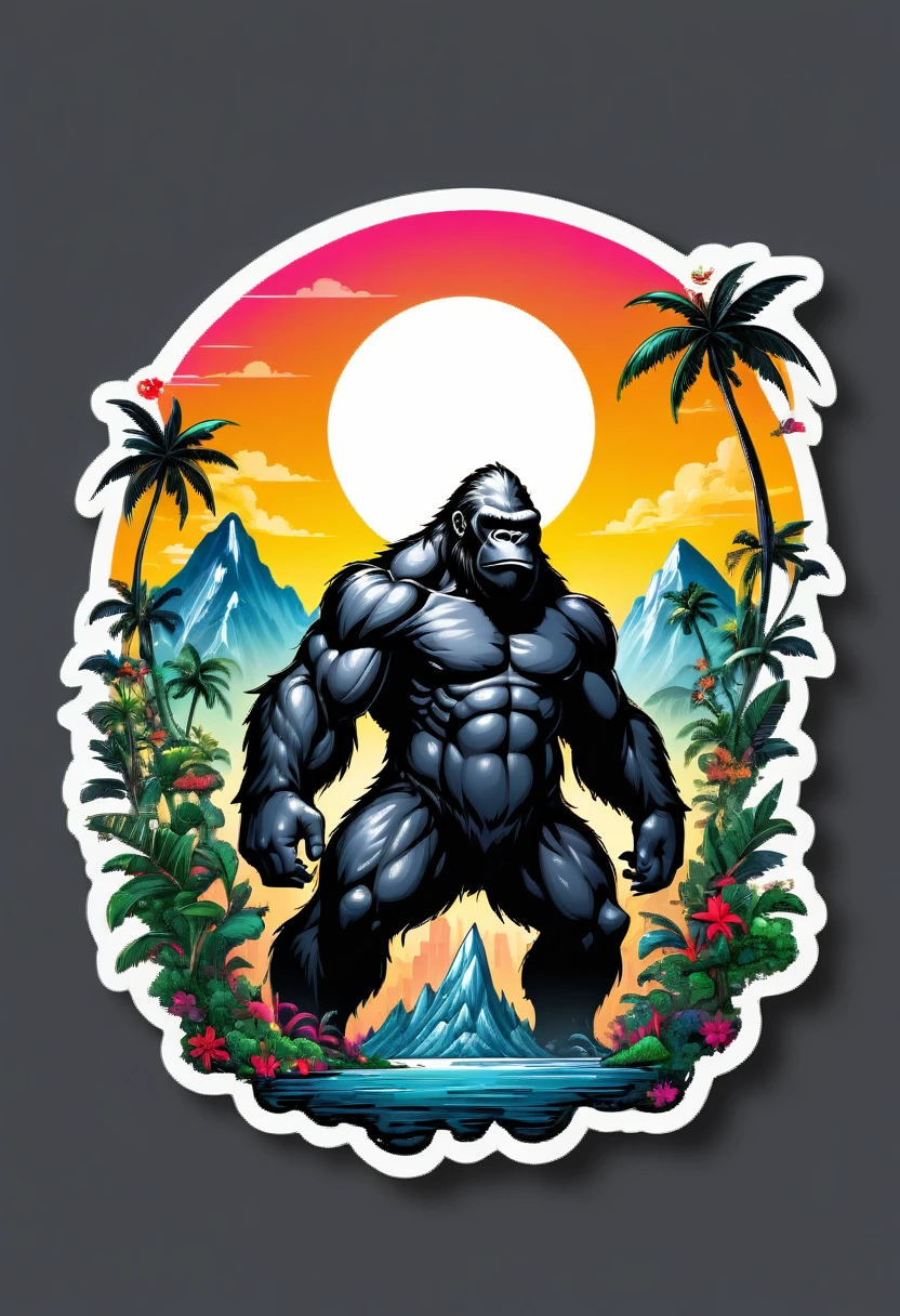(((a sticker))), (((white background))), (((SPLASH ART))) intricately detailed t-shirt design ready for print , 2d, ONE HUGE black angry full body KING KONG in foreground Jungle mountains peeks sunset at the background, vibe detailed design for streetwear and urban style t-shirts design, pro vector, (cel-shading style:1.3), inkpunk, (ink lines:1.1), strong outlines, bold traces, high contrast, (cel-shaded:1.1), vector, 32k resolution, best quality,, flat lights,vector t-shirt art ready for print, intricate rich extremely complex ornaments illustration, extremely detailed and complex illustration, high detail, clean lines style, intricate high details, (((white plain background)))