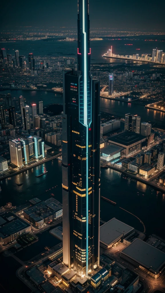 Futuristic building, ciberpunk, Tallest building, view from the sky, building neon light, night time, Qualidade 8K, Obra de arte, nobody