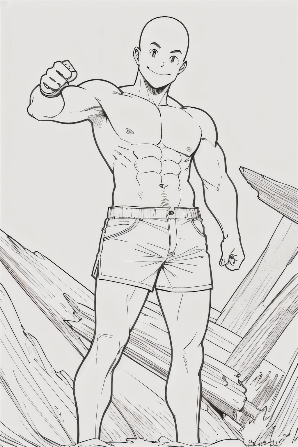 masterpiece, best quality, 1 man, Solitary, Baldhead， Look ahead, Smile, Flexing muscles, Strengthen your muscles, shorts，front Photo，Standing，Wait for a body photo，Line Art, monochrome, No background，