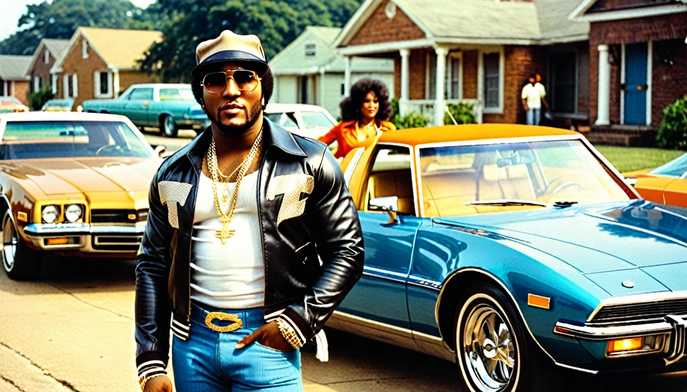 1970s photo of "Young Jeezy" wearing 1970s attire, classic cars, beautiful multiracial women,