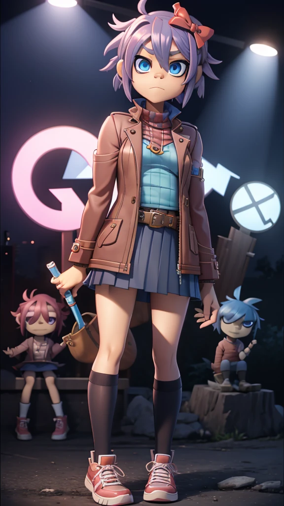 Character: sayori from ddlc. Appearance: Blue eyes, short coral pink hair, average medium body, blue eyes, serious expression. Clothing: Brown jacket, orange plaid sweater, white shirt , red bow in hair, Bright blue skirt, white shoes with blue tips. Environment: at night, trees, street, lighting by a normal light headlamp. Animation style: gorillaz.