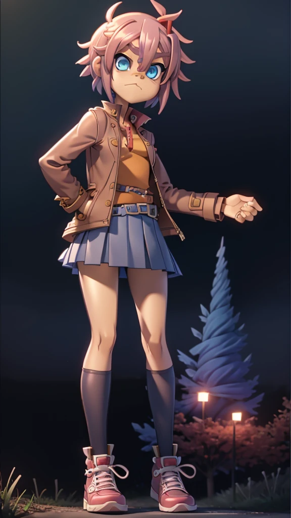 Character: sayori from ddlc. Appearance: Blue eyes, short coral pink hair, average medium body, blue eyes, serious expression. Clothing: Brown jacket, orange plaid sweater, white shirt , red bow in hair, Bright blue skirt, white shoes with blue tips. Environment: at night, trees, street, lighting by a normal light headlamp. Animation style: gorillaz.