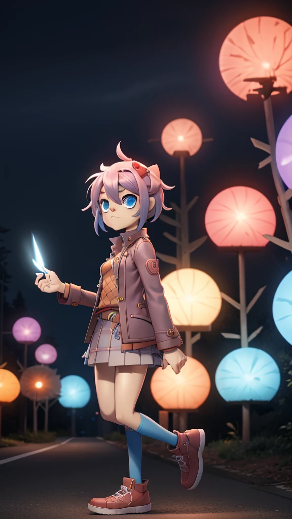 Character: sayori from ddlc. Appearance: Blue eyes, short coral pink hair, average medium body, blue eyes, serious expression. Clothing: Brown jacket, orange plaid sweater, white shirt , red bow in hair, Bright blue skirt, white shoes with blue tips. Environment: at night, trees, street, lighting by a normal light headlamp. Animation style: gorillaz.