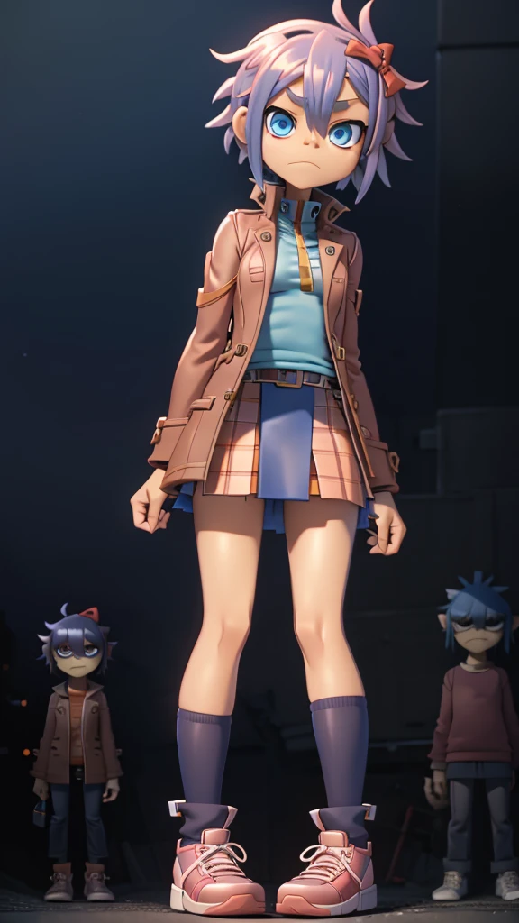 Character: sayori from ddlc. Appearance: Blue eyes, short coral pink hair, average medium body, blue eyes, serious expression. Clothing: Brown jacket, orange plaid sweater, white shirt , red bow in hair, Bright blue skirt, white shoes with blue tips. Environment: at night, trees, street, lighting by a normal light headlamp. Animation style: gorillaz.