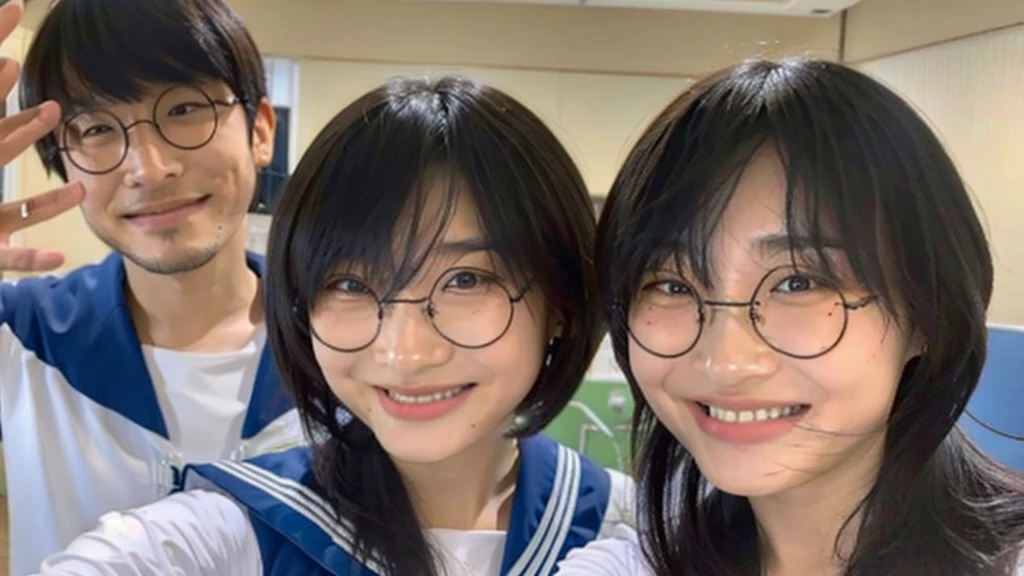 Suzuka takes a selfie with a man with his bangs down