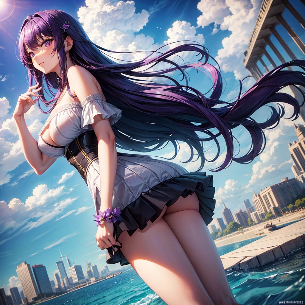 masterpiece, best quality, 1girl, bangs, bare_shoulders, skirt, breasts, large_breasts, long_hair, purple_eyes, purple_hair, solo, viewer, (sun, cloud, renaissance city around water,outdoors :1.1),rendered in blender((isometric)),