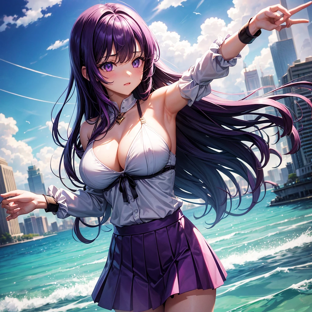 masterpiece, best quality, 1girl, bangs, bare_shoulders, skirt, breasts, large_breasts, long_hair, purple_eyes, purple_hair, solo, viewer, (sun, cloud, renaissance city around water,outdoors :1.1),rendered in blender((isometric)),