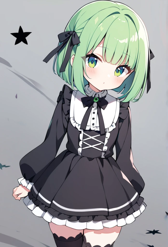 1 girl, cute, young, green hair, bob haircut, green eyes, gothic lolita, thigh high,