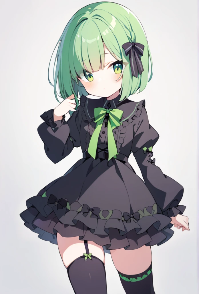 1 girl, cute, young, green hair, bob haircut, green eyes, gothic lolita, thigh high,