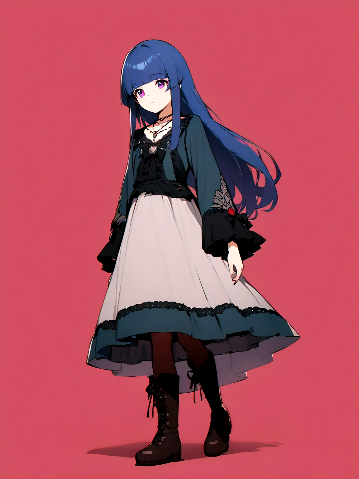 One Girl, alone, Full author, cute, Blue Hair, Purple eyes, Long Hair, blunt bangs, bangs, simple background, long sleeves, dress, jewelry, standing, full body, boots, necklace, red background