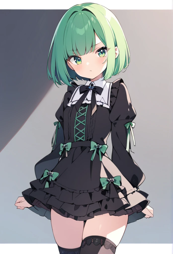 1 girl, cute, young, green hair, bob haircut, green eyes, gothic lolita, thigh high,
