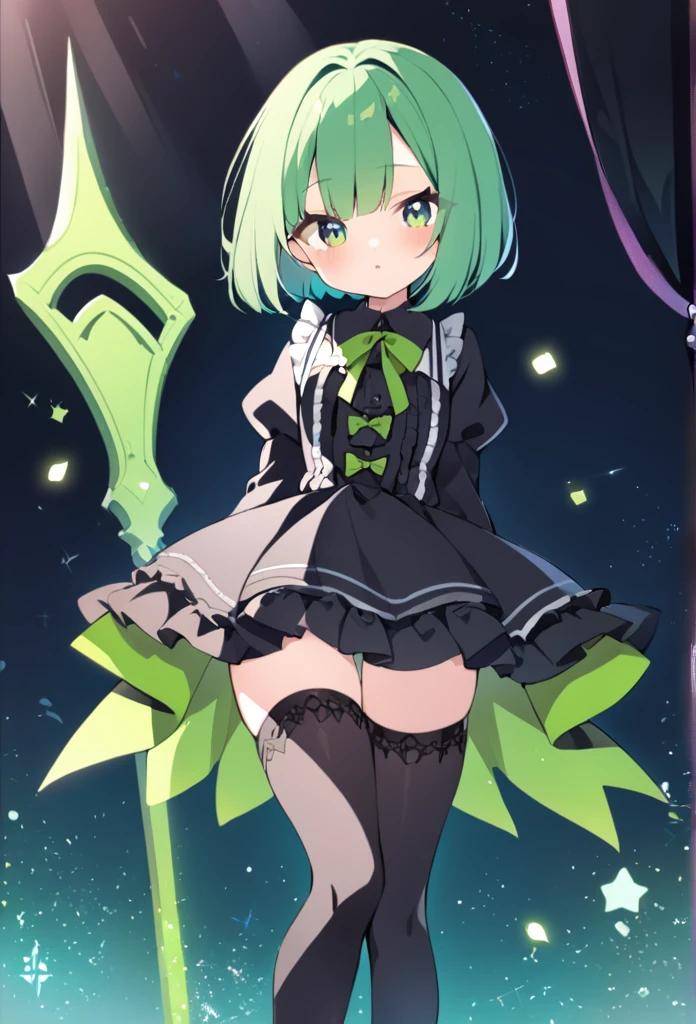 1 girl, cute, young, green hair, bob haircut, green eyes, gothic lolita, thigh high,