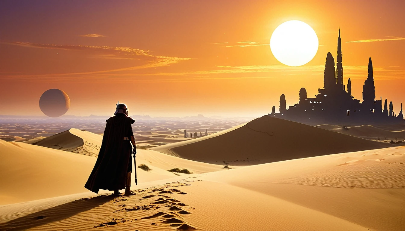 “Imagine a scene on a distant desert planet, reminiscente de Tatooine, where a lone Jedi knight finds himself on a sand dune, observando o horizonte. In the sky, two moons are visible, e ao longe, the ruins of an ancient civilization emerge from the sands. The light of the sunset reflects off the Jedi&#39;s lightsaber, creating a contrast with the shadows that begin to lengthen across the desert,hyper realistic composition,32k resolution,cinematic composition,cinematic color grading.photography whit Phaseone 85mm,death of field lens.