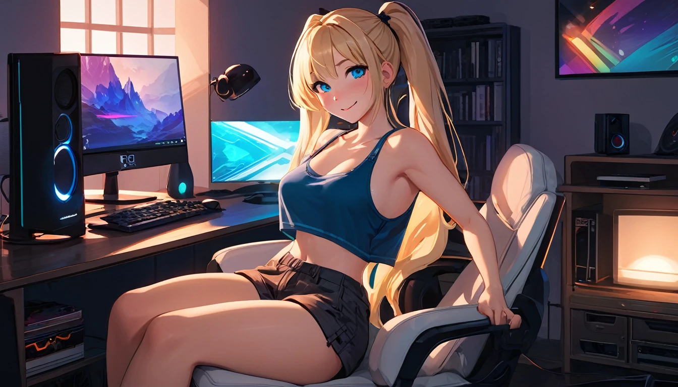 Create a high-quality, detailed image of a beautiful, sexy anime lofi girl with long blonde hair, bright blue eyes, and a smile, sitting at her gaming PC in a cozy lounge. She wears a tank top and shorts, showing her shoulder and midriff, highlighting her stunning curves and toned body. The warm, inviting scene includes soft ambient lighting, comfortable seating, and a high-end PC setup with multiple monitors and RGB lighting. The setting is illuminated by a small lamp, creating a serene and intimate atmosphere