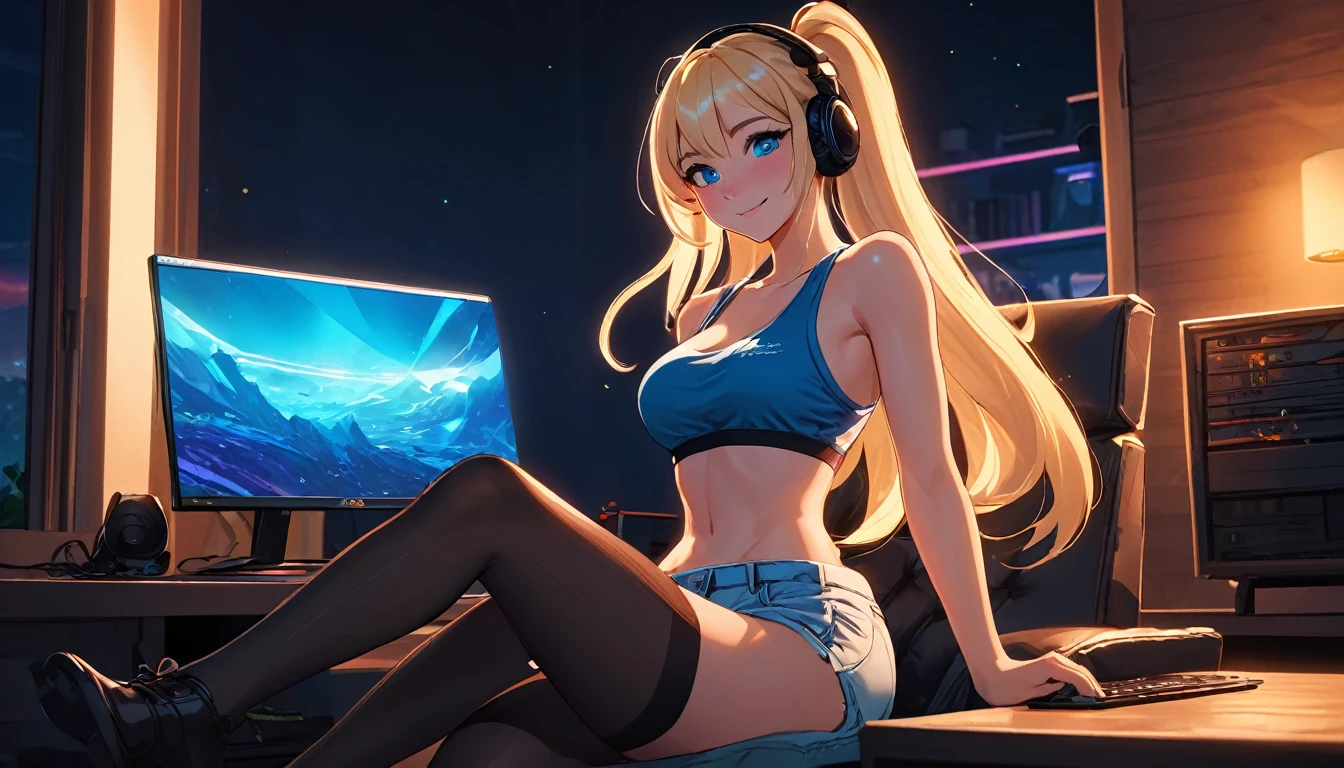 Create a high-quality, detailed image of a beautiful, sexy anime lofi girl with long blonde hair, bright blue eyes, and a smile, sitting at her gaming PC in a cozy lounge. She wears a tank top and shorts, showing her shoulder and midriff, highlighting her stunning curves and toned body. The warm, inviting scene includes soft ambient lighting, comfortable seating, and a high-end PC setup with multiple monitors and RGB lighting. The setting is illuminated by a small lamp, creating a serene and intimate atmosphere