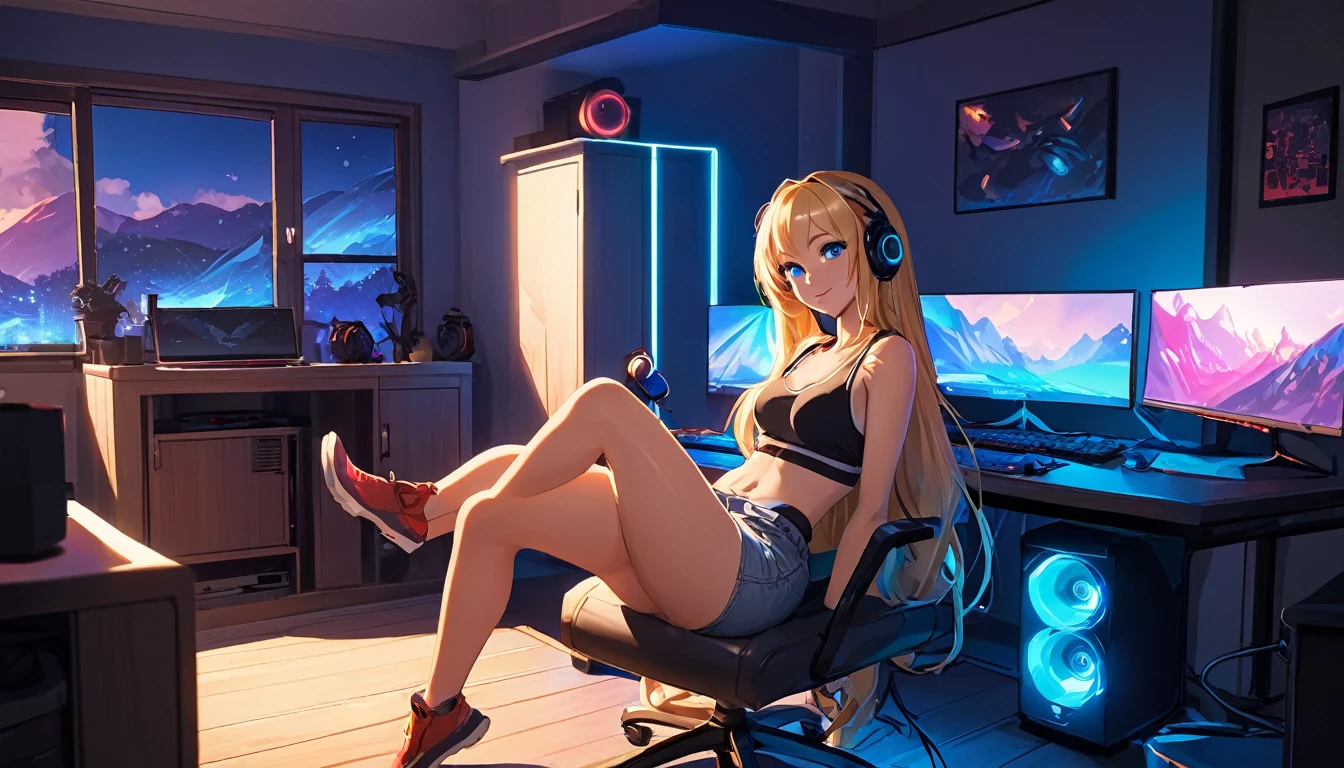 Create a high-quality, detailed image of a beautiful, sexy anime lofi girl with long blonde hair, bright blue eyes, and a smile, sitting at her gaming PC in a cozy lounge. She wears a tank top and shorts, showing her shoulder and midriff, highlighting her stunning curves and toned body. The warm, inviting scene includes soft ambient lighting, comfortable seating, and a high-end PC setup with multiple monitors and RGB lighting. The setting is illuminated by a small lamp, creating a serene and intimate atmosphere