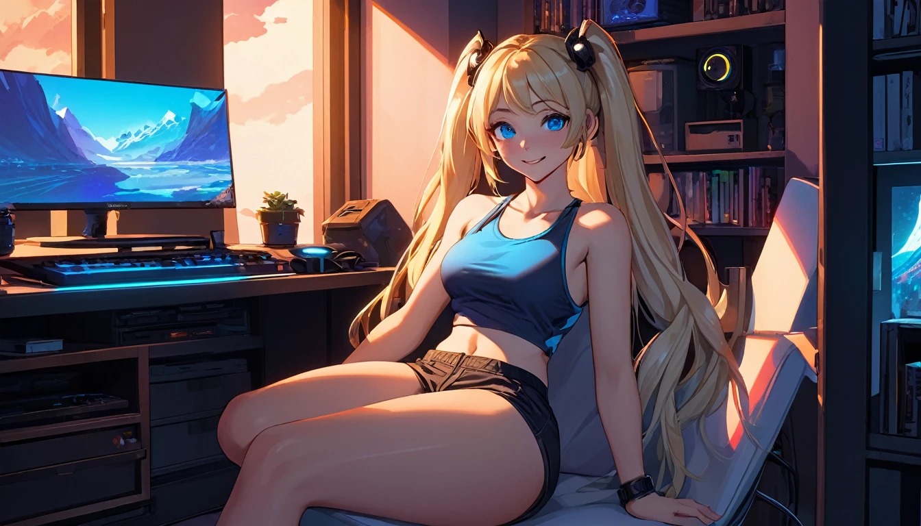 Create a high-quality, detailed image of a beautiful, sexy anime lofi girl with long blonde hair, bright blue eyes, and a smile, sitting at her gaming PC in a cozy lounge. She wears a tank top and shorts, showing her shoulder and midriff, highlighting her stunning curves and toned body. The warm, inviting scene includes soft ambient lighting, comfortable seating, and a high-end PC setup with multiple monitors and RGB lighting. The setting is illuminated by a small lamp, creating a serene and intimate atmosphere