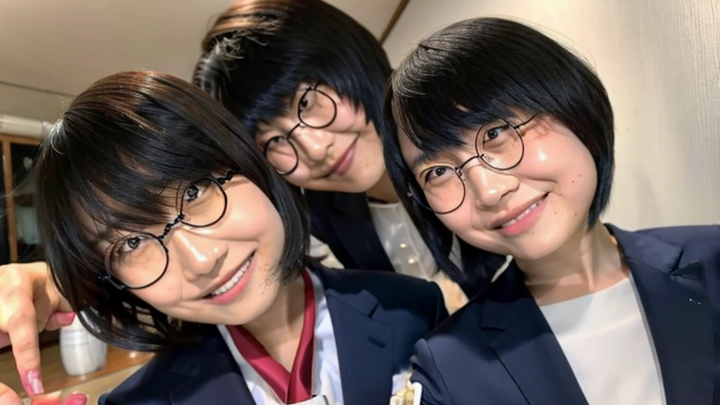 Suzuka takes a selfie with a man in a suit with his bangs down