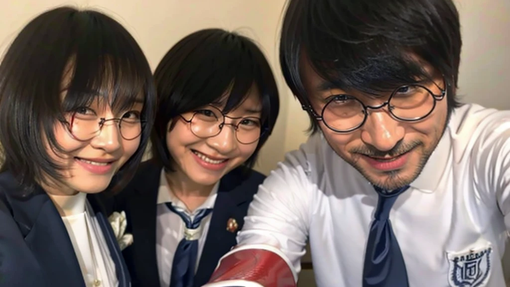 Suzuka takes a selfie with a man in a suit with his bangs down