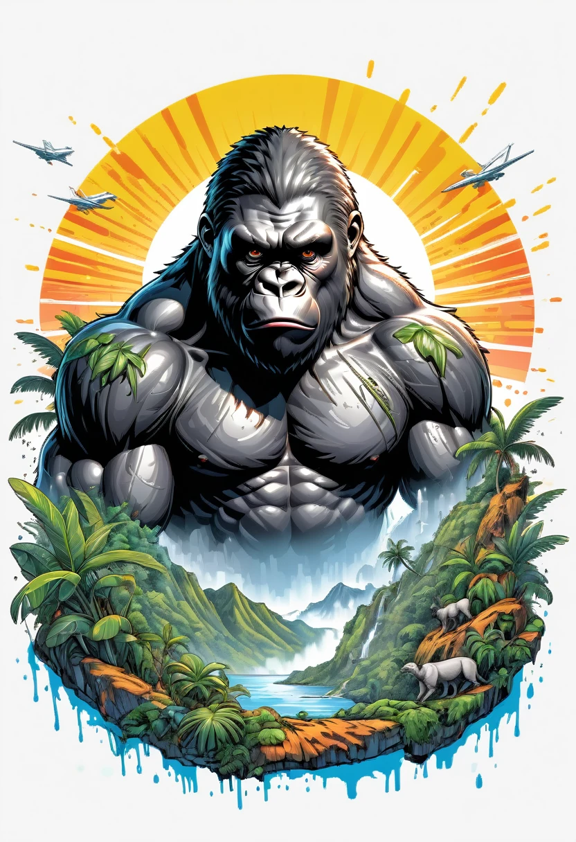 (((white background))), (((SPLASH ART))) intricately detailed t-shirt design ready for print , 2d, ONE HUGE black angry full body KING KONG in foreground Jungle mountains peeks sunset at the background, vibe detailed design for streetwear and urban style t-shirts design, pro vector, (cel-shading style:1.3), inkpunk, (ink lines:1.1), strong outlines, bold traces, high contrast, (cel-shaded:1.1), vector, 32k resolution, best quality,, flat lights,vector t-shirt art ready for print, intricate rich extremely complex ornaments illustration, extremely detailed and complex illustration, high detail, clean lines style, intricate high details, (((white plain background)))