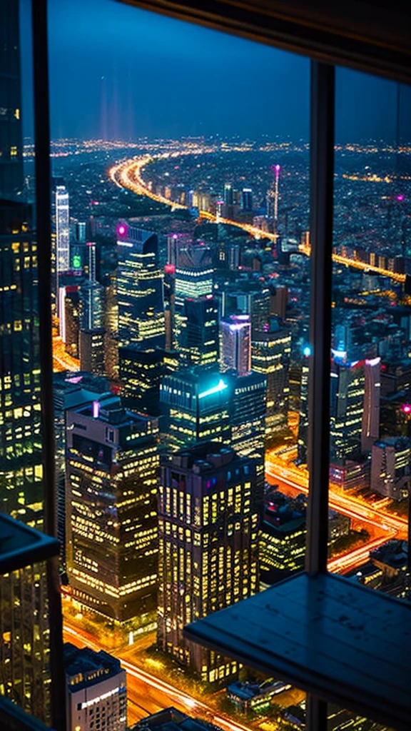 widescreen、Through the window of a tall building、Night view of a city with many buildings、colorful neon、chuva、The night view is reflected slightly on the chuva.