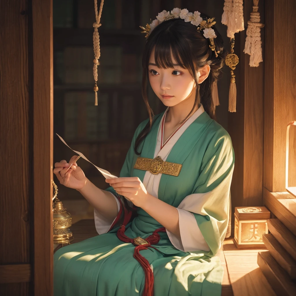 (One girl:1.3),alone,__Body parts__,, Official Art, unity 8k wallpaper, Super detailed, beautiful and aesthetic, beautiful, masterpiece, Highest quality,A fantastic atmosphere, Calm palette, Calm mood, Soft Shading,, Shrine maiden, incantation, Amulet Familiar, Shrine maidenの務め,