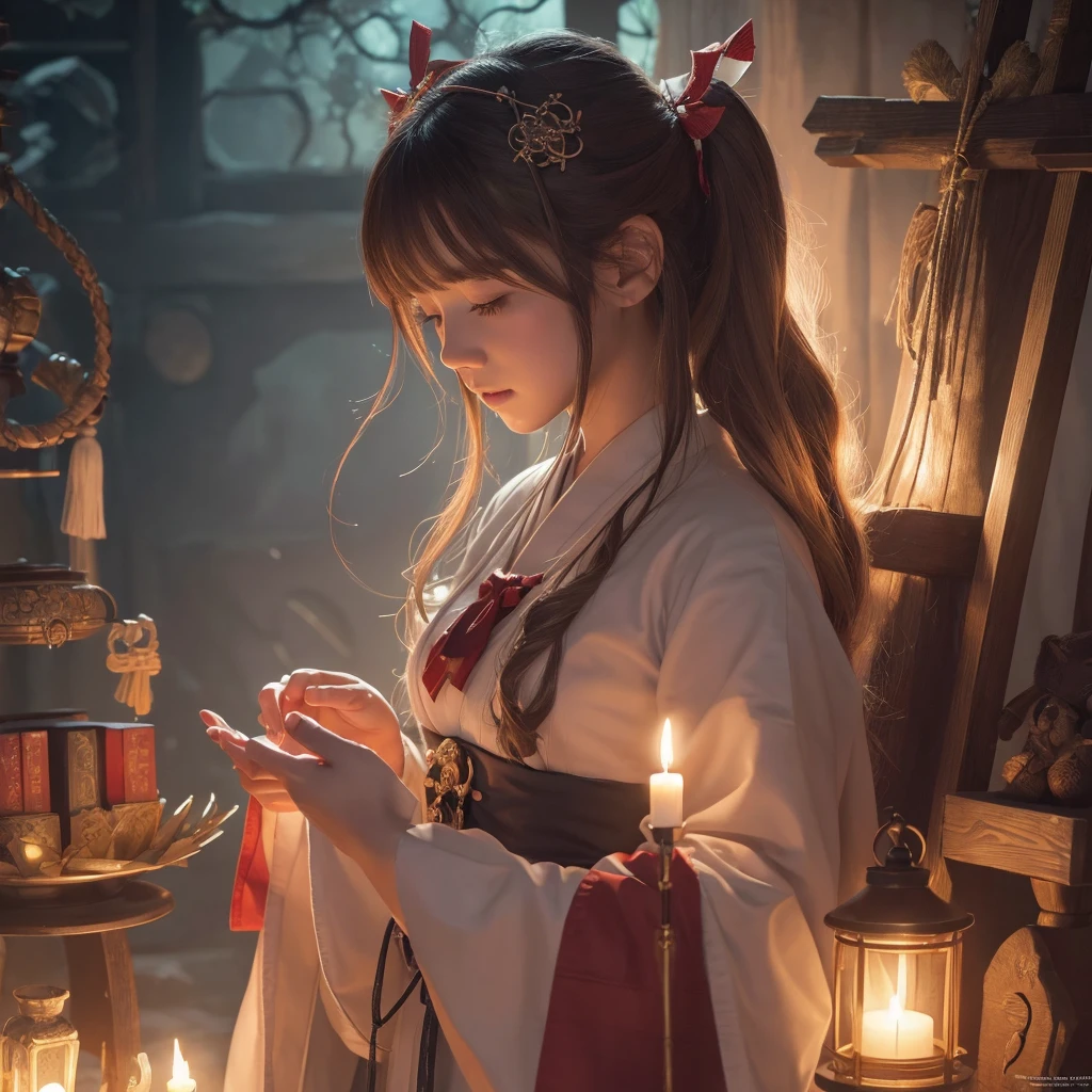 (One girl:1.3),alone,__Body parts__,, Official Art, unity 8k wallpaper, Super detailed, beautiful and aesthetic, beautiful, masterpiece, Highest quality,A fantastic atmosphere, Calm palette, Calm mood, Soft Shading,, Shrine maiden, incantation, Amulet Familiar, Shrine maidenの務め,
