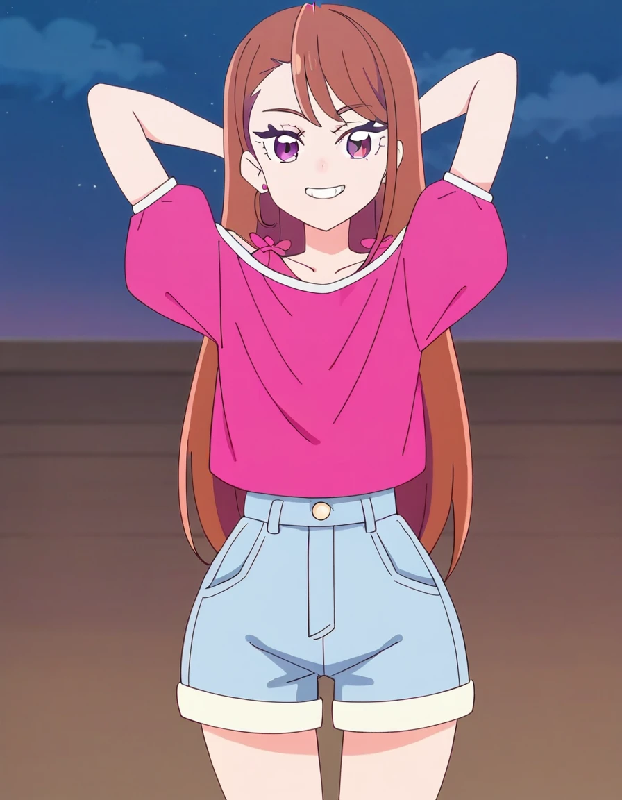 hijiri ageha, brown hair, long hair, purple eyes,
pink shirt, off-shoulder shirt, puffy short sleeves, denim shorts, high quality, solo, 1girl, night sky, beach, arms behind head, (contrapposto), closed mouth, spread armpits, (cowboy shot:1.5), looking at viewer, smile, best quality, grin,