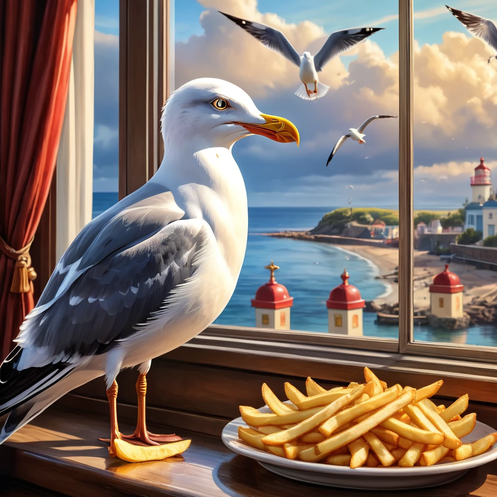 Craving the fries ((seagulls are looking at the glass outside the window :1.9)), a woman is sitting by the window eating fries,seaside burger shop, detailed realistic oil painting, beautifully detailed eyes, beautifully detailed lips, highly detailed eyes and face, long eyelashes, photorealistic, 8k, masterpiece, highly detailed, vibrant colors, warm lighting, cozy atmosphere, beautiful landscape, dramatic sky, realistic textures, intricate details, cinematic composition,