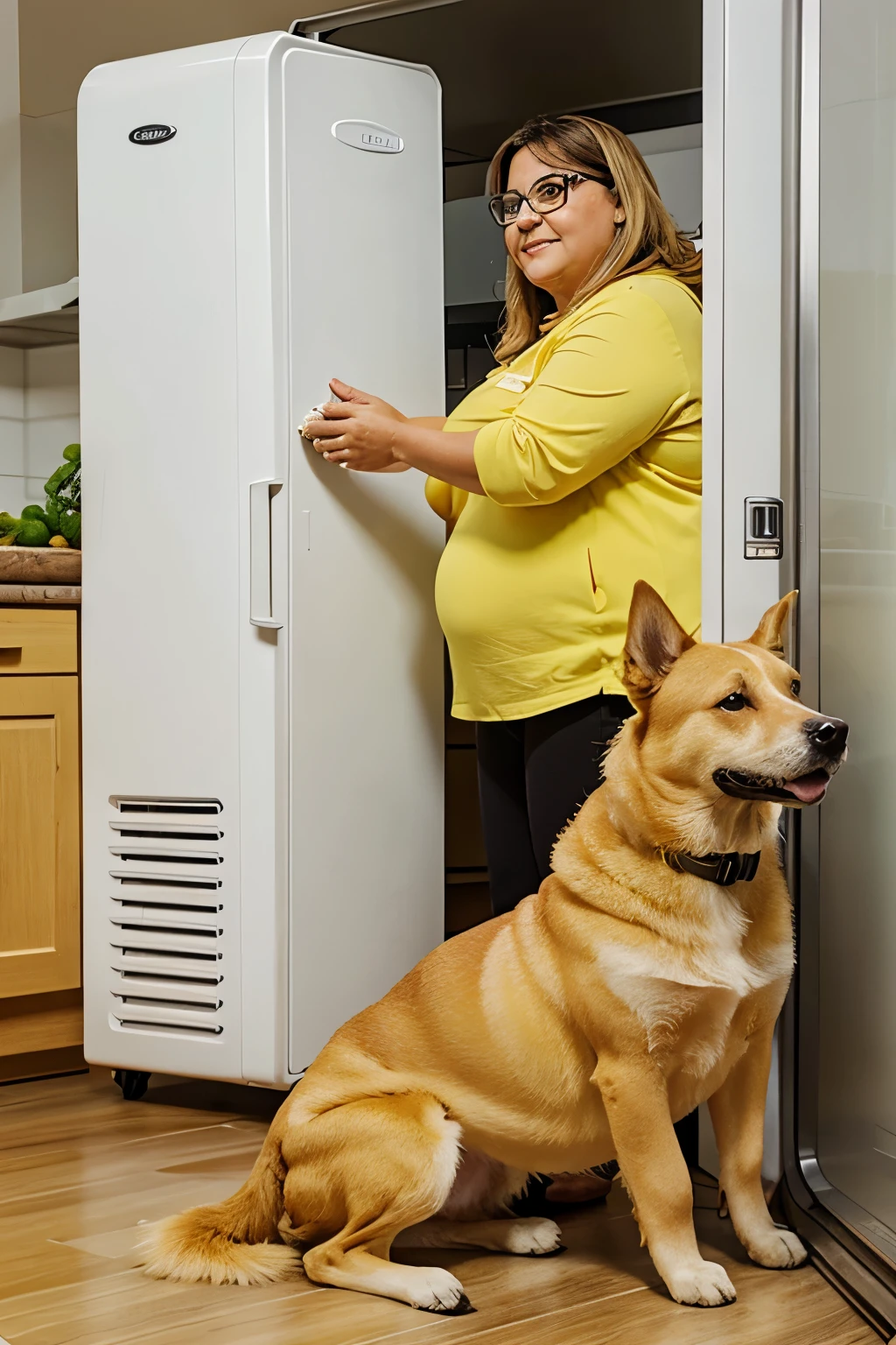 uma imagem com uma senhora velha e gorda , A yellow dog , um frigorifico e dois capacetes