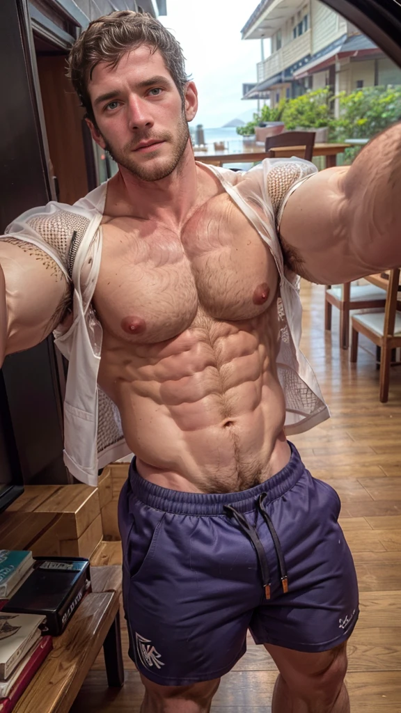 Masterpiece, denoise, void noise, one man, best quality, 8k resolution, male focus, focus only, amazing composition, volumetric lighting, super quality, elegant, Very detailed, (beach), front view, facing viewer , -----------, 35 years old,  face, muscular, thin body, Caucasian, (((white skin, pale skin))), handsome, (detailed light-blue eyes), light blonde hair, big ears, (((hairy pectorals, thick plenty chest and body hair))), ((Medium long beard)), (((((Jim Sturgess and Russell Tovey mixed face and hair))))), (((big nippley nipples))), -----, ((((detailed shorts)))), ((((see-through mesh white short sleeve shirt)))), (((holding frame pov: like taking a selfie))), 