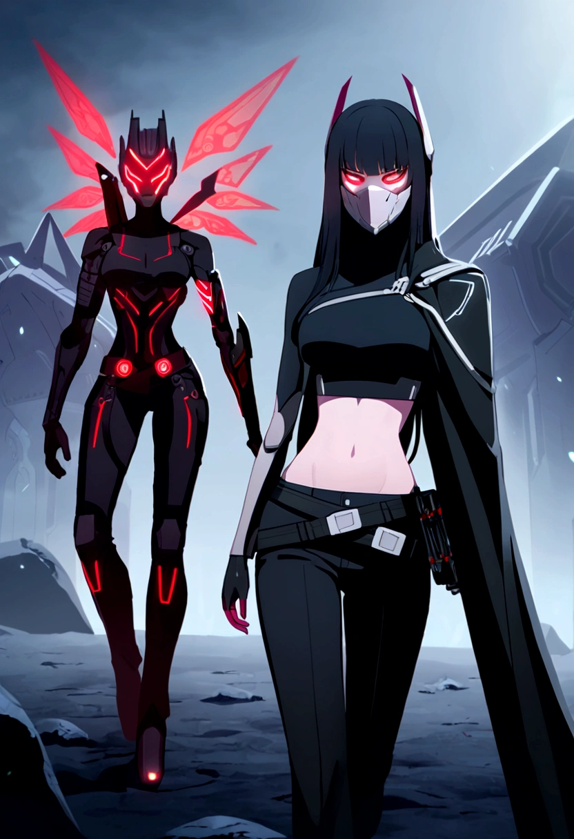 Long black hair woman, red non-glowing eyes, cybernetic facemask with red LEDs, small Valkyrie-like wings attached to the back of the facemask, fully cybernetic right arm, normal left arm, having a black long shoulder cape on the right arm, wearing a black crop top covering medium sized breasts, and long black pants with boots, having a lightly loose belt. Facing towards the camera and standing still, singular woman