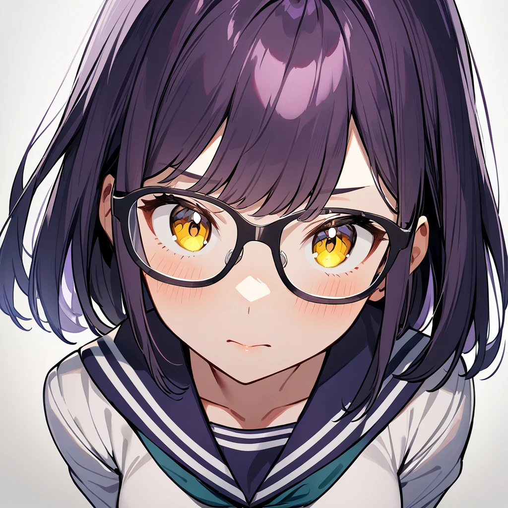 1girl,Solo,dark purple hair,yellow eyes,medium breasts,sailor,straight hair,pov,straight on,best quality, very aesthetic, absurdres,Glasses