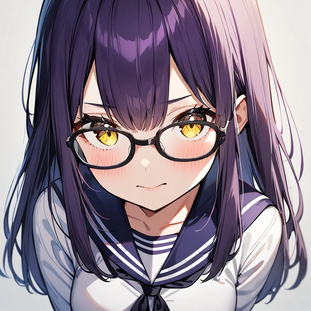 1girl,Solo,dark purple hair,yellow eyes,medium breasts,sailor,straight hair,pov,straight on,best quality, very aesthetic, absurdres,Glasses