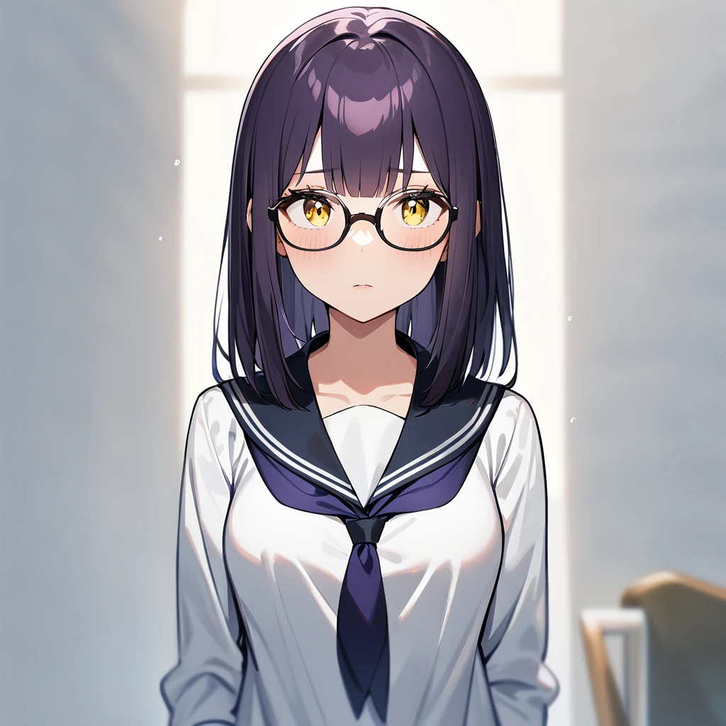 1girl,Solo,dark purple hair,yellow eyes,medium breasts,sailor,straight hair,pov,straight on,best quality, very aesthetic, absurdres,Glasses