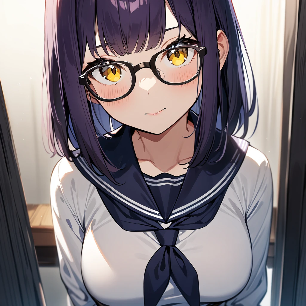1girl,Solo,dark purple hair,yellow eyes,medium breasts,sailor,straight hair,pov,straight on,best quality, very aesthetic, absurdres,Glasses