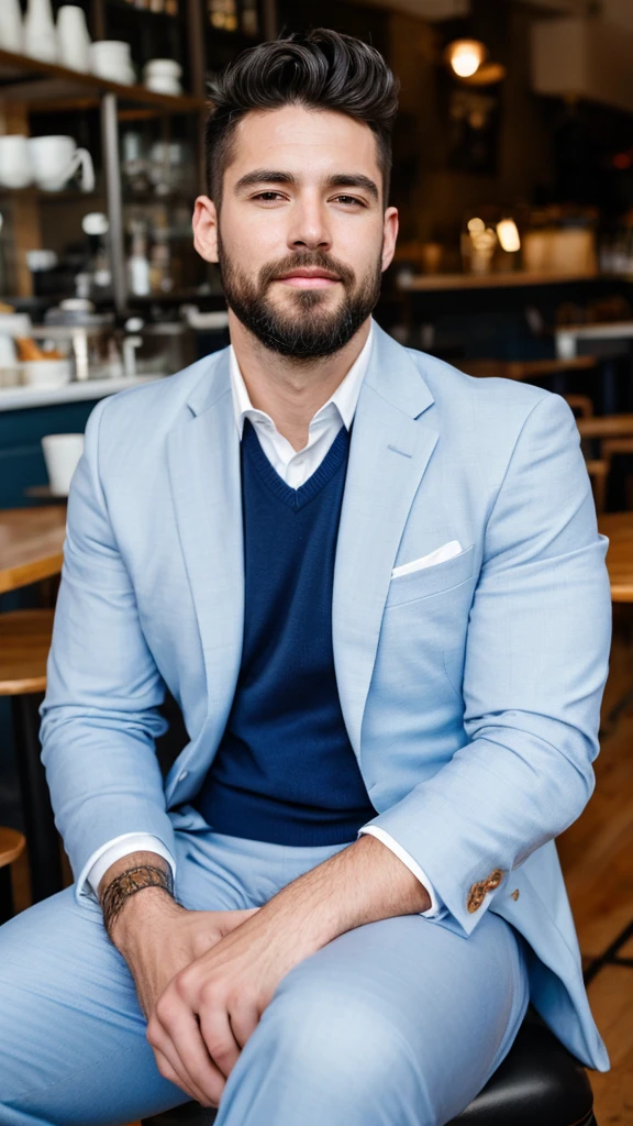 A handsome and sexy man wearing a casual white short and blue suit,and formal pant, , he has gorgeous face,and stylish black hair, and short beard, he is sitting in a cafe, homoerotic, nsfw ,open legs, alluring pose