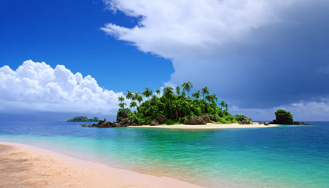 arafed island with palm trees and a sandy beach, tropical island, epic matte painting of an island, island in a blue sea, monsoon on tropical island, tropical location, island with cave, many islands, no humans, tree, cloud, sky, outdoors, scenery, day, palm tree, ocean, water, beach, blue sky, horizon, cloudy sky, nature, sand
