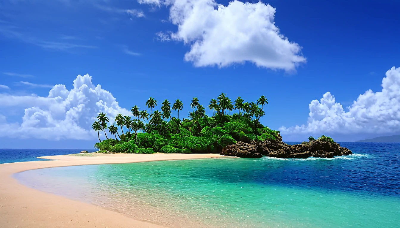 arafed island with palm trees and a sandy beach, tropical island, epic matte painting of an island, island in a blue sea, monsoon on tropical island, tropical location, island with cave, many islands, no humans, tree, cloud, sky, outdoors, scenery, day, palm tree, ocean, water, beach, blue sky, horizon, cloudy sky, nature, sand