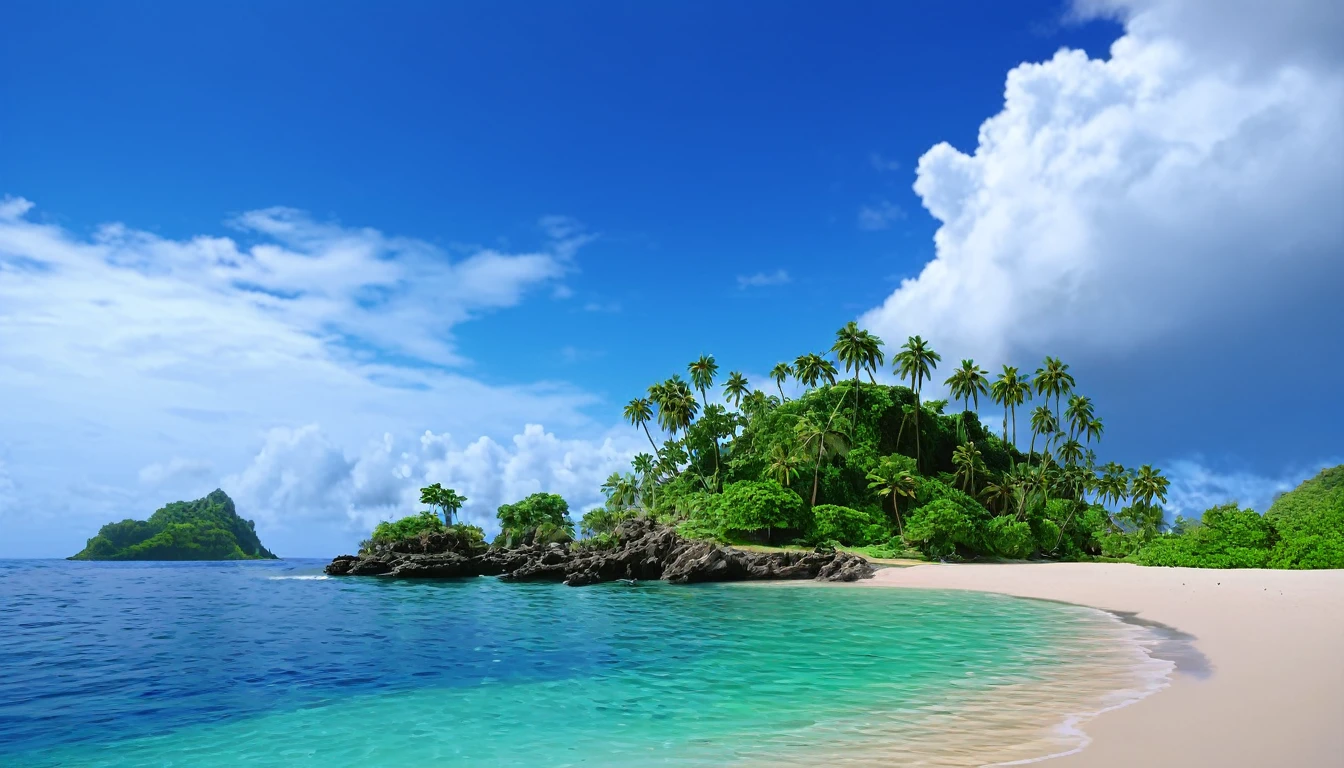 arafed island with palm trees and a sandy beach, tropical island, epic matte painting of an island, island in a blue sea, monsoon on tropical island, tropical location, island with cave, many islands, no humans, tree, cloud, sky, outdoors, scenery, day, palm tree, ocean, water, beach, blue sky, horizon, cloudy sky, nature, sand