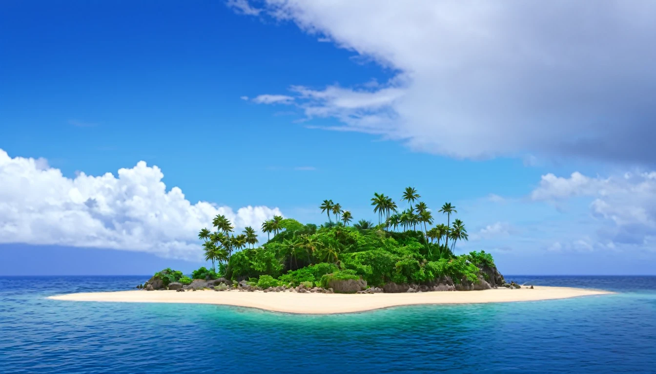 arafed island with palm trees and a sandy beach, tropical island, epic matte painting of an island, island in a blue sea, monsoon on tropical island, tropical location, island with cave, many islands, no humans, tree, cloud, sky, outdoors, scenery, day, palm tree, ocean, water, beach, blue sky, horizon, cloudy sky, nature, sand