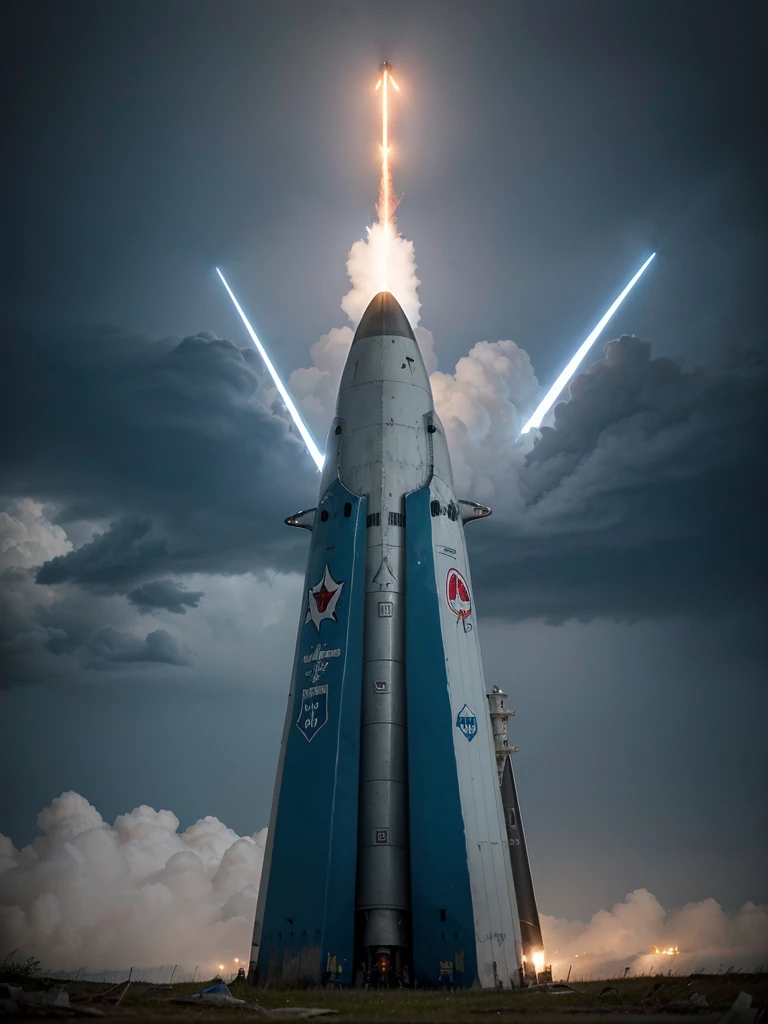 a metal rocket that is shaped like a shark, com barbatanas, dentes e olhos. He is blue and white, com detalhes em vermelho e amarelo. It also has a symbol of a shark on the front it is coming out of a field in the middle of the forest in a storm