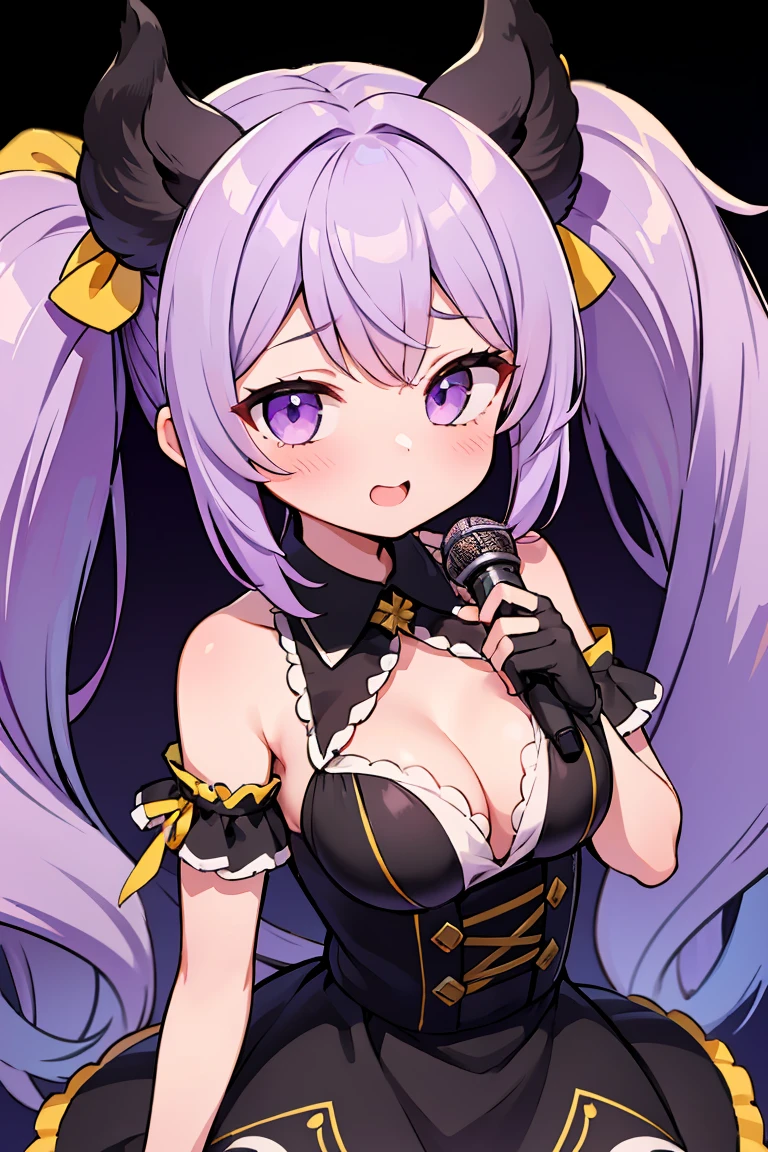Browsing Caution,1 girl,,,chest,尖ったchest,chestの谷間,Underbust,Side Bust Barbosa,(blush),((Embarrassing)),Upper body close-up,(巨大なchest),大きなchestステージ, microphone, holding microphone, microphone stand, View the viewer, Upturned eyes, Bright Face, Wink , 大きなchest, 中chest, Satyr , Twin tails, Very long hair, Purple eyes, bangs, Light purple hair, Animal ears, low Twin tails, Very long hair, hair ornaments, Hair Ribbon, Idol Dress, Black Dress, Black Skirt, Elbow hand pockets, Black gloves, No sleeve, Yellow ribbon,