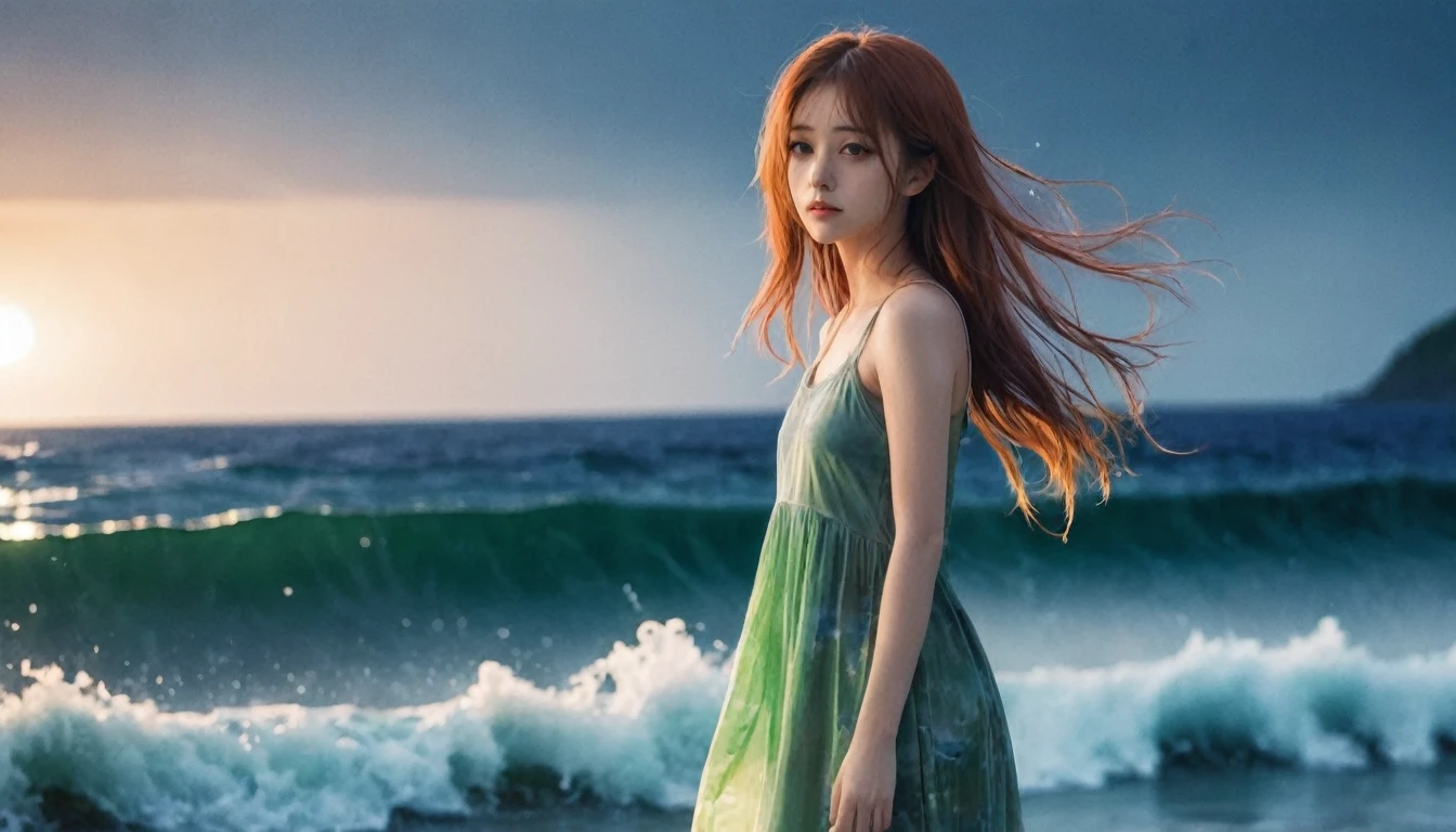(masterpiece, Highest quality), ((One girl, alone, Long Hair)), Ishmael_edge, Innocent look, Bare arms, Bare shoulders, Bear neck, watercolor, Sundress, Liquid clothing, water, Wave, water dress, green_theme, night, haze, dark, Sharp focus, Ocean, See-through dress, Orange Hair