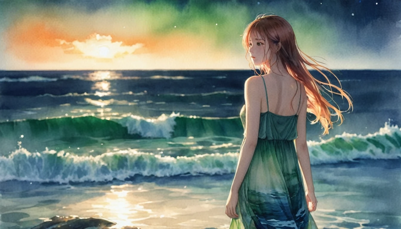 (masterpiece, Highest quality), ((One girl, alone, Long Hair)), Ishmael_edge, Innocent look, Bare arms, Bare shoulders, Bear neck, watercolor, Sundress, Liquid clothing, water, Wave, water dress, green_theme, night, haze, dark, Sharp focus, Ocean, See-through dress, Orange Hair