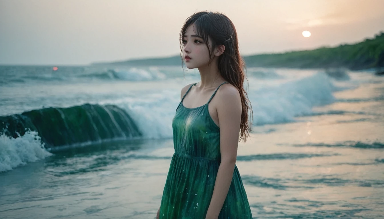 (masterpiece, Highest quality), ((One girl, alone, Long Hair)), Ishmael_edge, Innocent look, Bare arms, Bare shoulders, Bear neck, watercolor, Sundress, Liquid clothing, water, Wave, water dress, green_theme, night, haze, dark, Sharp focus, Ocean, See-through dress, Orange Hair